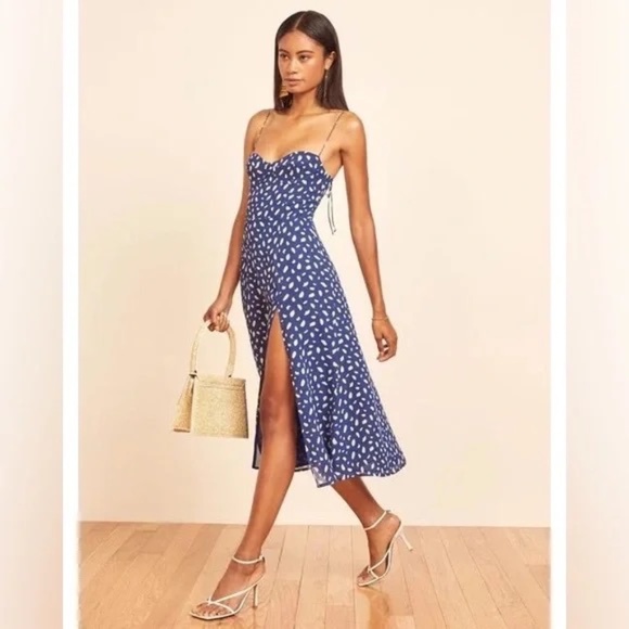 Reformation JULIETTE Midi Dress with Side Slit in Blue and White Print - Picture 5 of 5